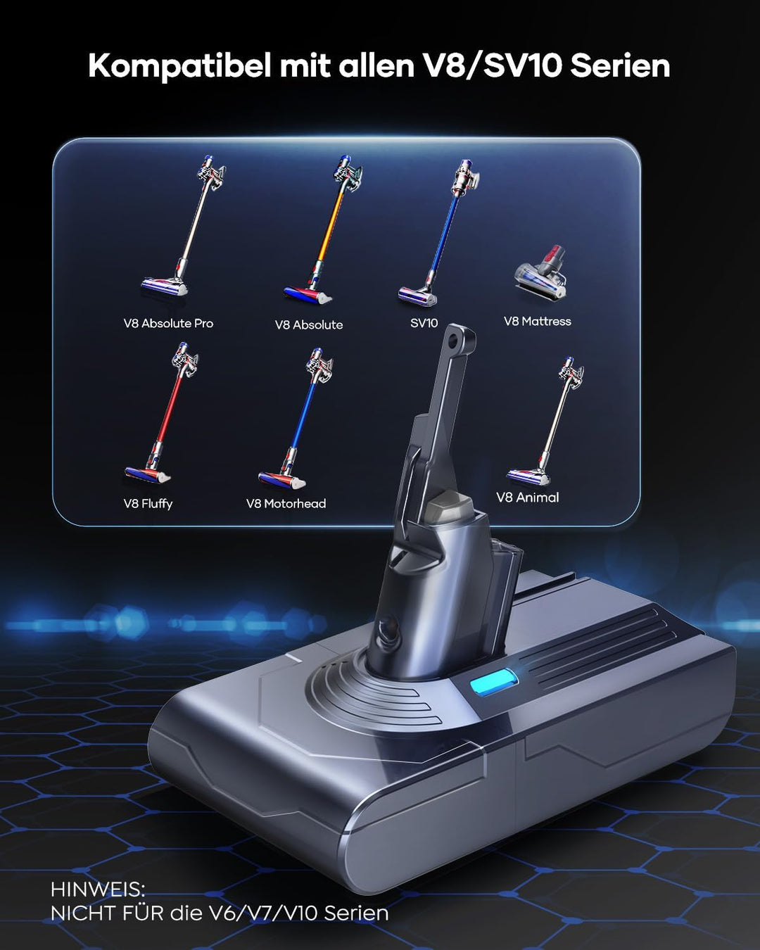 FLYLINKTECH 8.0Ah V8 Akku für Dyson V8 Absolute/Animal/Fluffy/Motorhead SV10 Staubsauger Mit 2+1 Fil