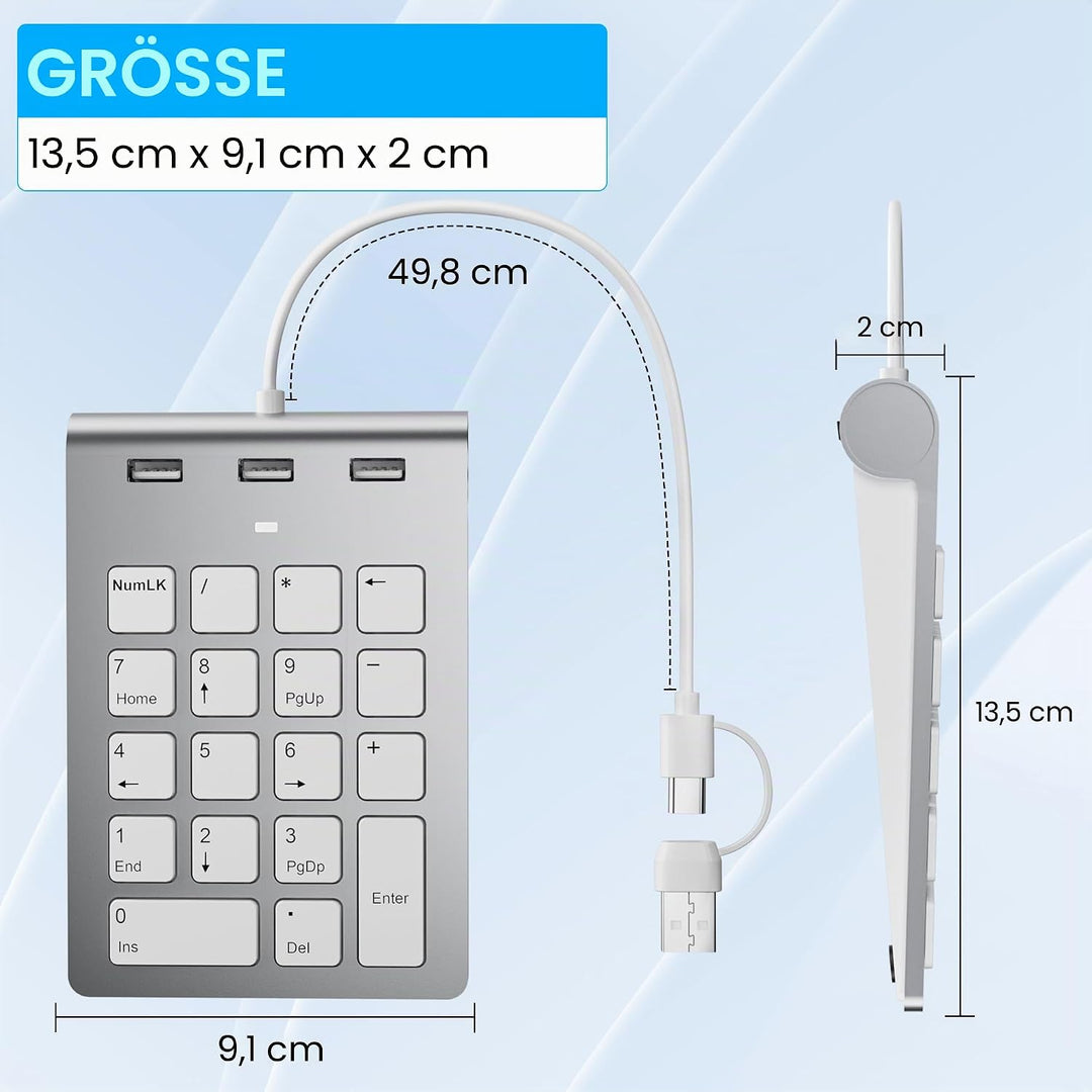 Numeric Keypad Wired Numpad, USB A/USB C Ziffernblock Ergonomischer Mini Nummernblock mit 3 USB 2.0