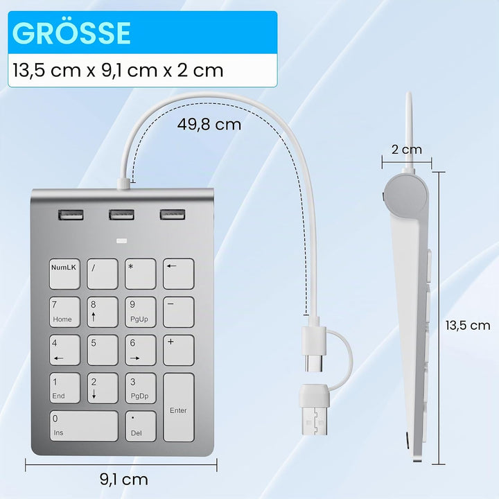 Numeric Keypad Wired Numpad, USB A/USB C Ziffernblock Ergonomischer Mini Nummernblock mit 3 USB 2.0