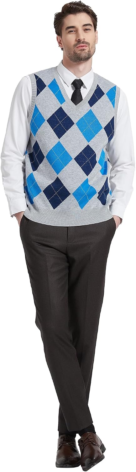 Kallspin Herren Argyle Gestrickt Ärmellos Pullover Wollmischung V-Ausschnitt Strickwesten L Hellgrau