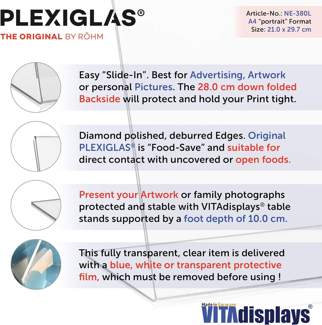 VITAdisplays® 10 × NE-380L, DIN A4 Tischaufsteller/Werbeaufsteller/schräg im 10er-Pack, Transparent
