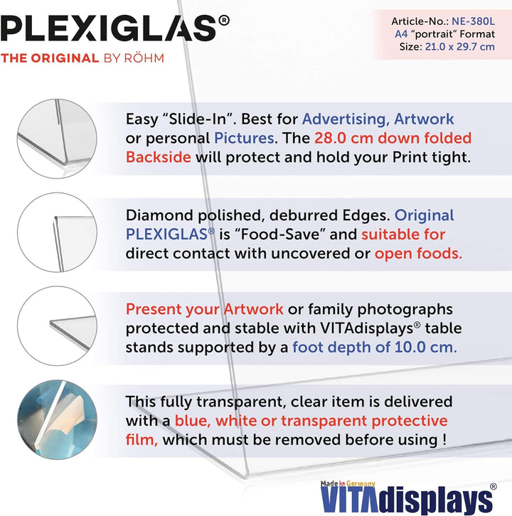 VITAdisplays® 10 × NE-380L, DIN A4 Tischaufsteller/Werbeaufsteller/schräg im 10er-Pack, Transparent