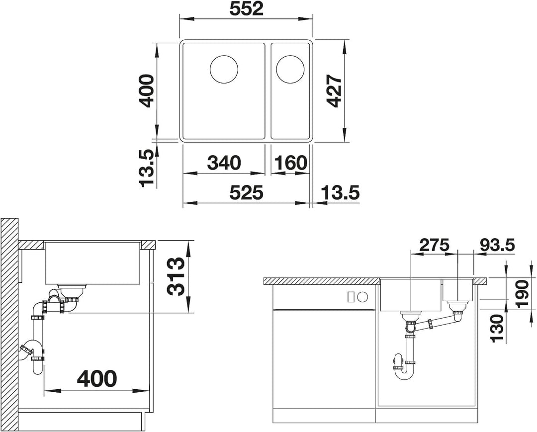 BLANCO SUBLINE 340/160-F | SILGRANIT weiss | Einbauart: Flächenbündig | Hauptbecken links | ohne Abl