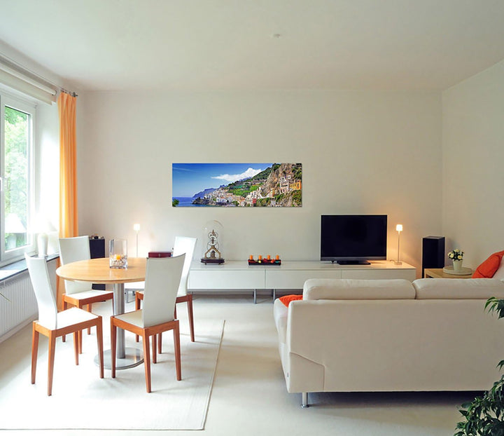Paul Sinus Art Panoramabild auf Leinwand und Keilrahmen 150x50cm Italien Amalfi Meeresstadt Berge Me