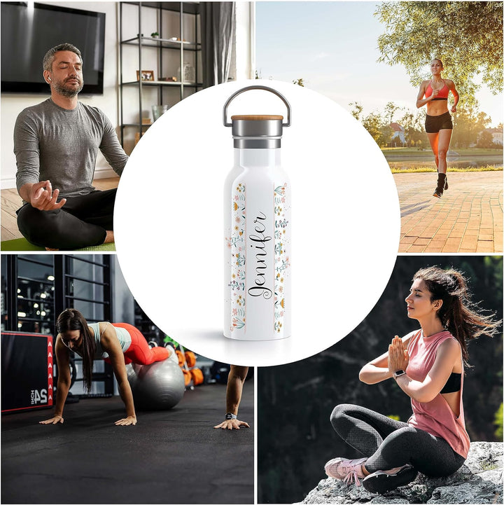 OWLBOOK Blumen Kringelschrift Trinkflasche personalisiert Erwachsene Frauen Edelstahl 600ml - Thermo