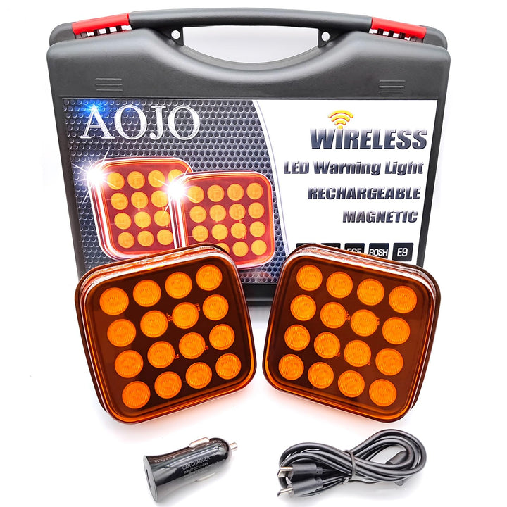 AOJO 2Pack Orange LED Warnleuchte Set - 3 Blitzmuster, 12V 24Volt Warnblitzer Akku mit E-Prüfzeichen