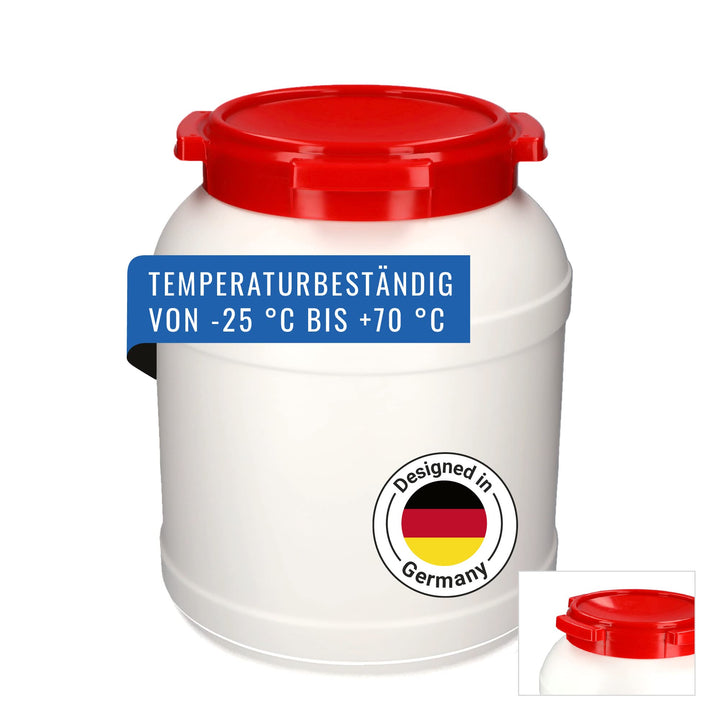DENIOS® Weithalsfass WH 26, aus Polyethylen (PE), 26 Liter Volumen, weiss/rot, maximal sicher, 26 Li