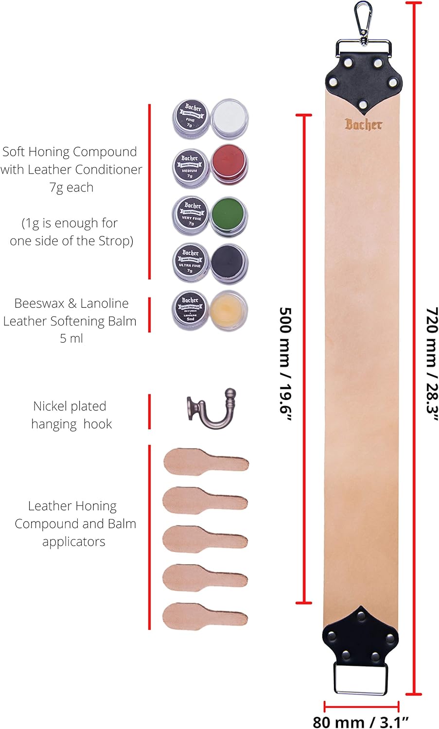 Bacher Premium Leder Streichriemen Breit zum Schärfen von Rasiermesser Set mit Polierpaste für Abzie