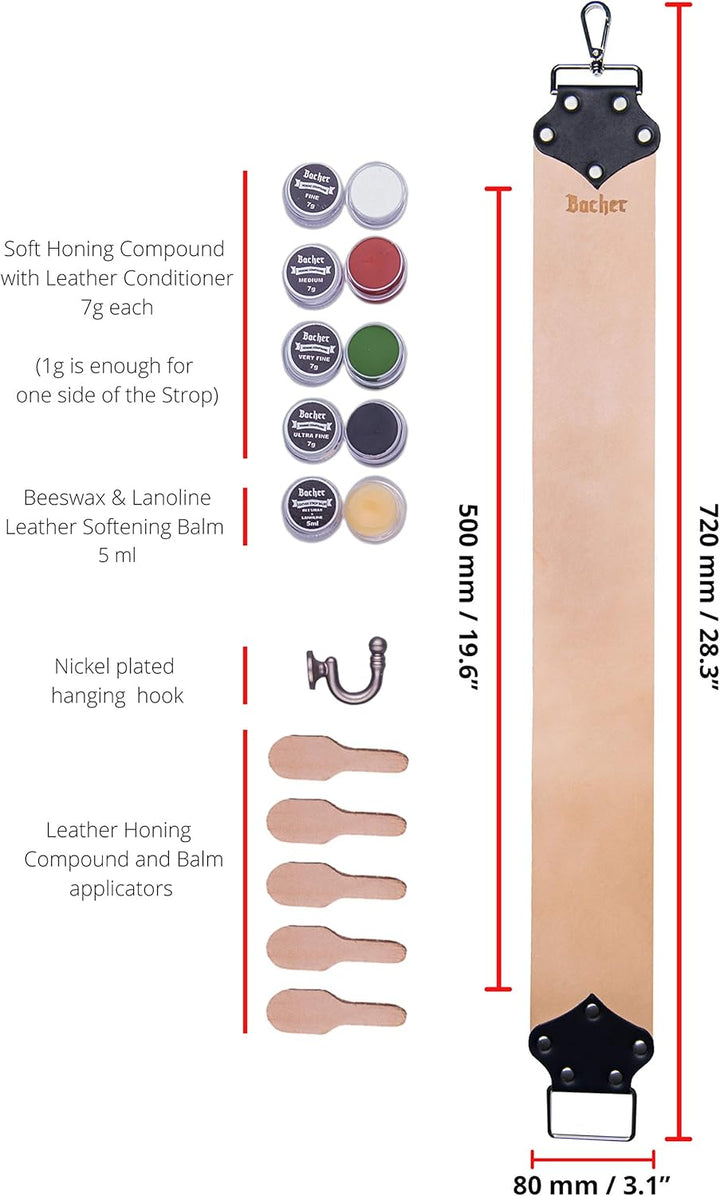 Bacher Premium Leder Streichriemen Breit zum Schärfen von Rasiermesser Set mit Polierpaste für Abzie