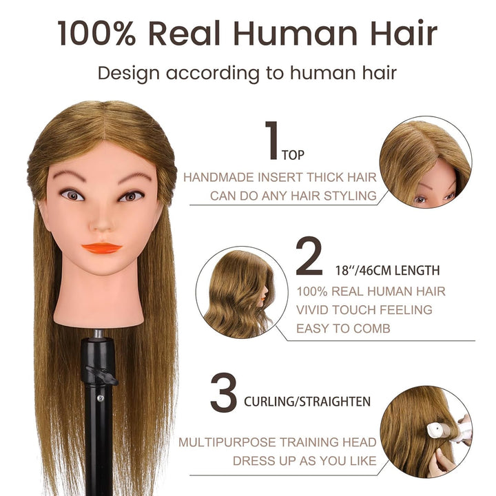 Frisierkopf Echthaar, TopDirect 18 Zoll 45 cm Übungskopf 100% Echthaar Cosmetology Mannequin Puppenk