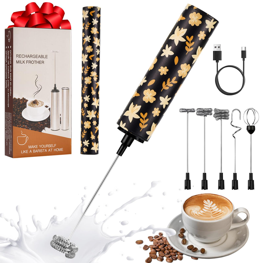 Milchschäumer Elektrisch USB-C mit 5 Wechselbaren Edelstahl-Schneebesen–2 Einstellbare Geschwindigke