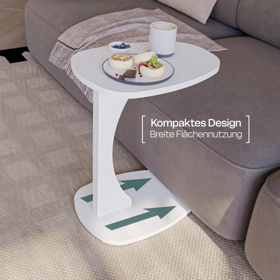 Beistelltisch Couch mit Rollen, Kleiner Beistelltisch C-Form, Sofatisch in stylischem Weiss, Kleiner