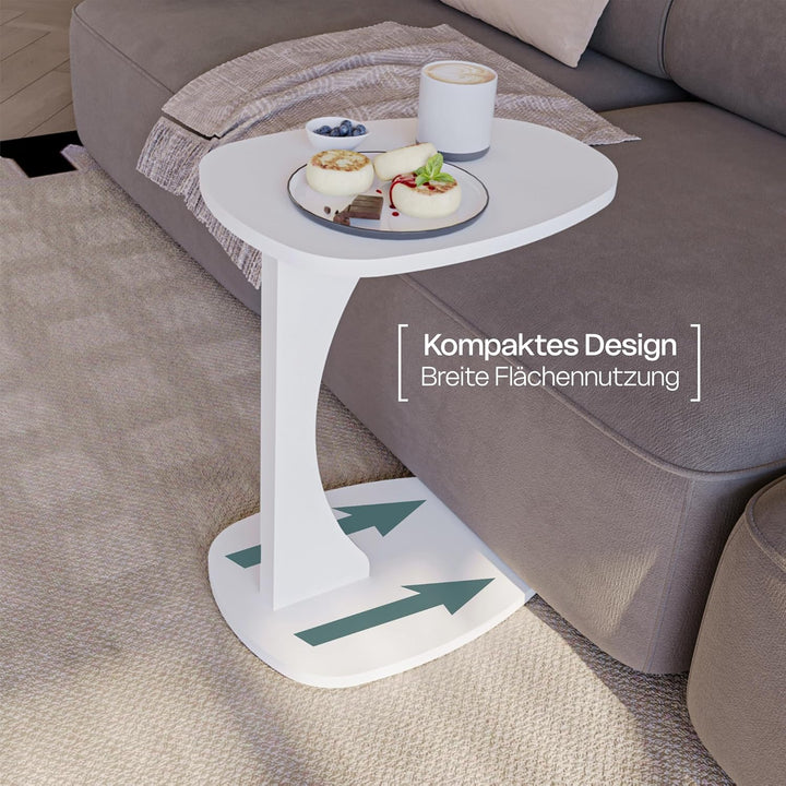 Beistelltisch Couch mit Rollen, Kleiner Beistelltisch C-Form, Sofatisch in stylischem Weiss, Kleiner