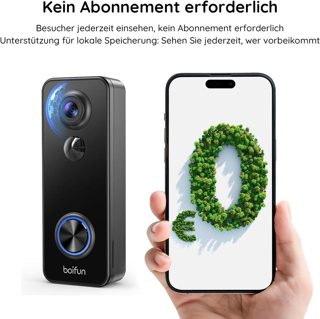 BOIFUN 2K WLAN Video Türklingel mit Kamera, funkklingel mit Kamera, 180° Ultrabreiten Sichtfeld, 2-W