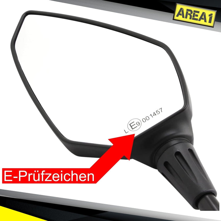 Area1 Universal Motorrad Rückspiegel Paar e-geprüft 2x M10 Rechtsgewinde + Linksgewindeadapter, komp