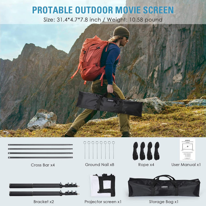 Beamer Leinwand 120 Zoll mit Faltbarem Standfuss, LEORFI Outdoor-Indoor Projektionswand HD 16:9, Tra