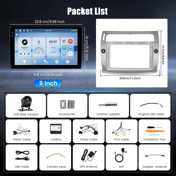 Hikity 4+64G Autoradio für Citroen C4 2004-2009/C-Quatre 2008-2012, 9" Bildschirm Radio mit Wireless