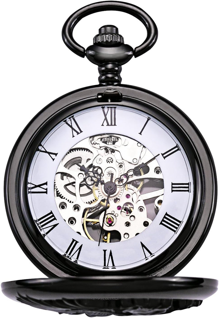 TREEWETO Unisex Taschenuhr mit Kette Analog Handaufzug Retro Pegasos Geflügeltes Pferd Schwarz