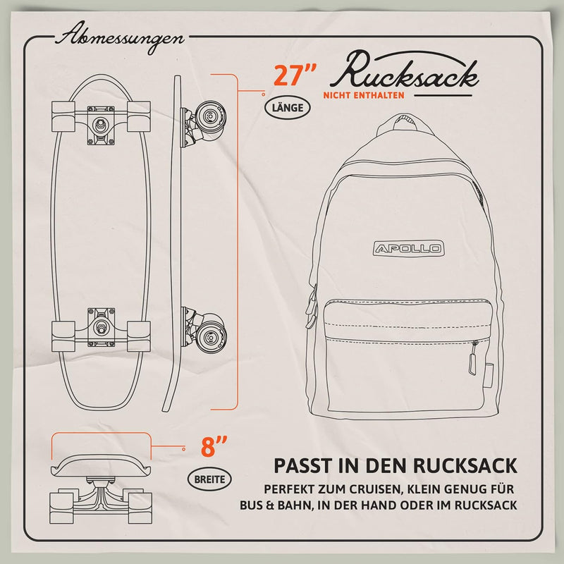 Apollo Mini-Longboard | Midi Cruiser als Komplett-Board, 70cm (30x8) | wendiges Kick Tail Mini Longb