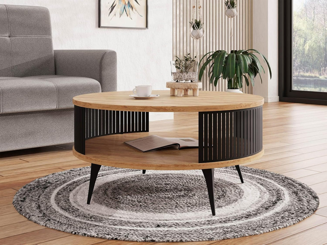 Mirjan24 Couchtisch mit Ablage Rajkon, Runde Form, Metallbeine, Kaffeetisch, Wohnzimmertische, Beist