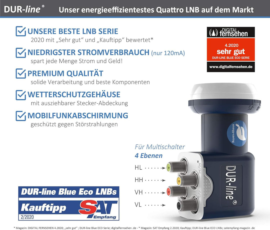 DUR-line Blue ECO Quattro LNB - extrem stromsparend - nur für Multischalter - Premium-Qualität - [ T