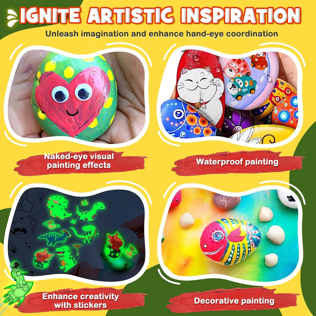 UPDOKIT Steine Bemalen Set Kinder, Bastelset Kinder ab 6 7 8 9 10 Jahre mit Leuchtfarbe &amp; Aufklebern