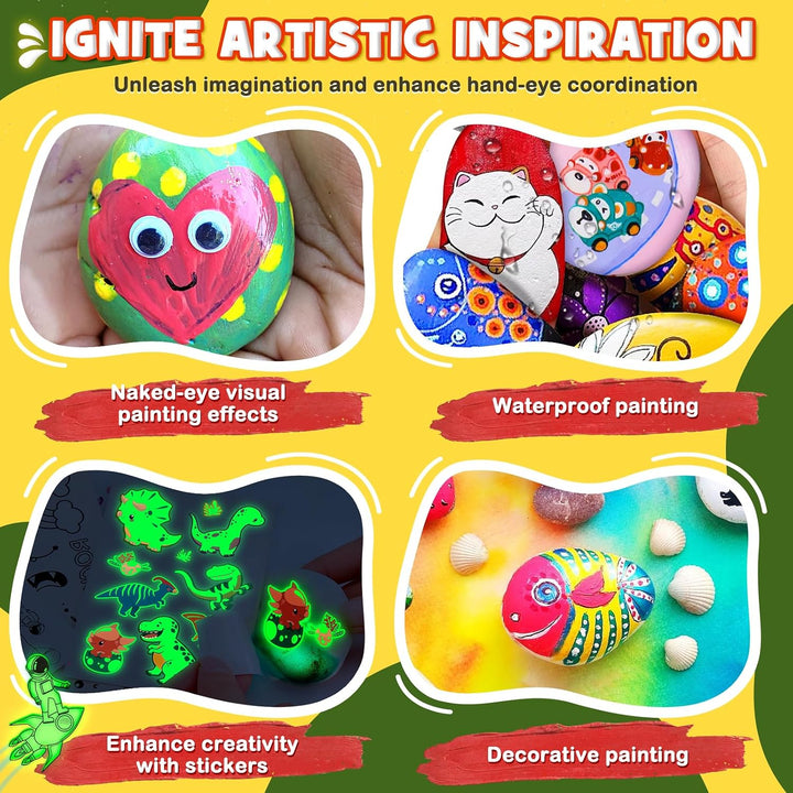UPDOKIT Steine Bemalen Set Kinder, Bastelset Kinder ab 6 7 8 9 10 Jahre mit Leuchtfarbe &amp; Aufklebern