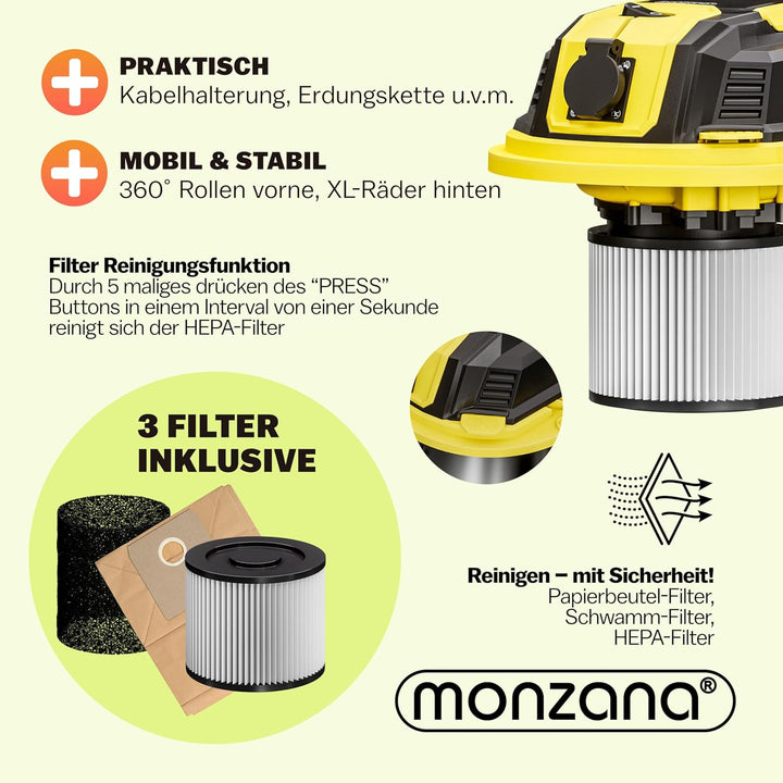 Monzana® Nass Trockensauger 30L GS-Zertifiziert Steckdose 9m Bewegungsradius Industrie Staubsauger 1