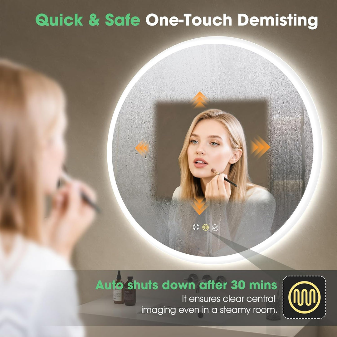 S'bagno Runder-Badspiegel-mit-Beleuchtung-90cm, Badezimmerspiegel-mit-Beleuchtung-und-Bluetooth, Ent