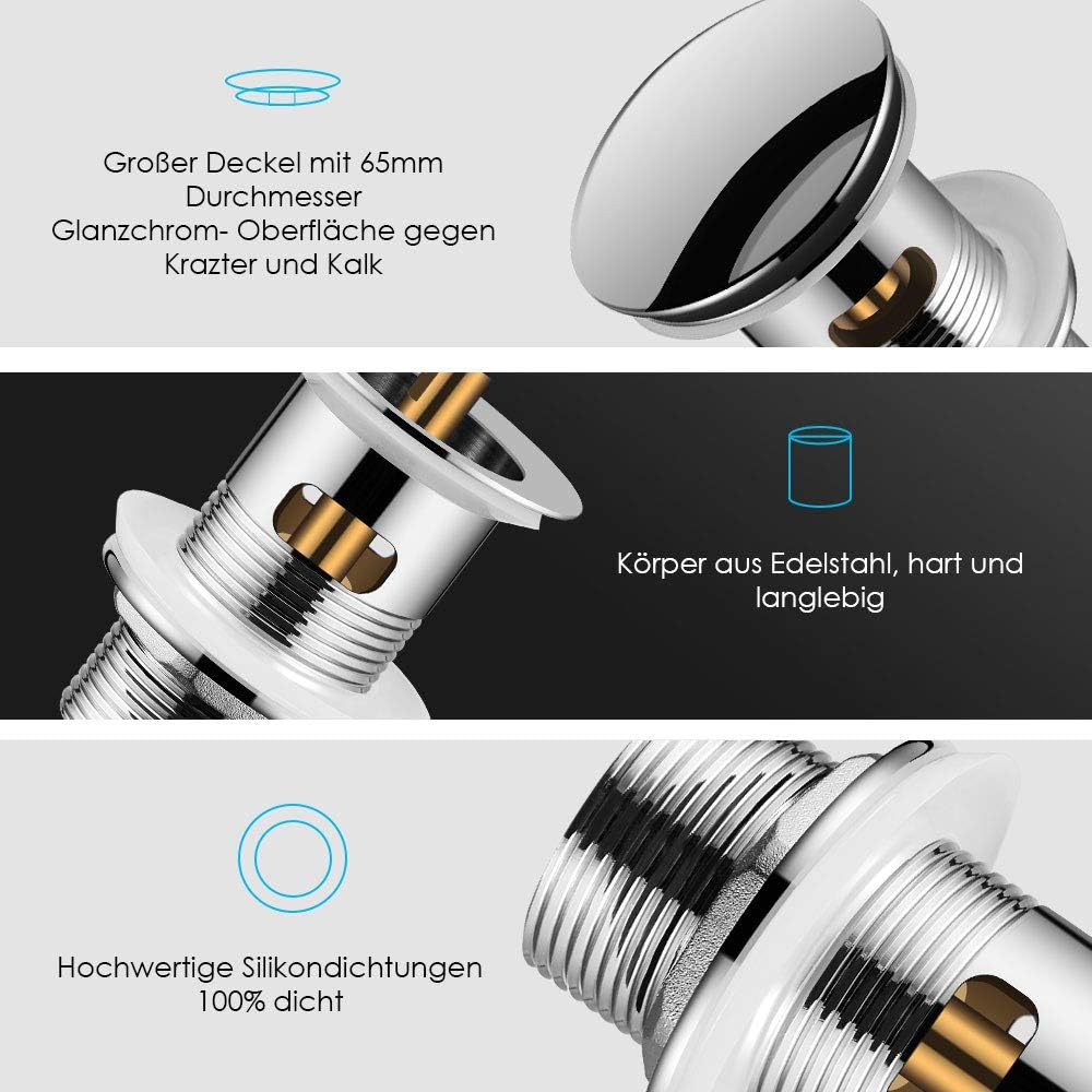 Wasserrhythm Universal Siphon mit Ablaufgarnitur für Waschbecken und Waschschalen mit Überlauf, Chro