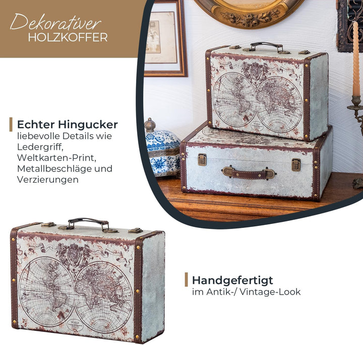 HMF VKO101 Vintage Koffer aus Holz | 38 x 26 x 13 cm | Gross | Deko Weltkarte 38 cm Weltkarte, 38 cm