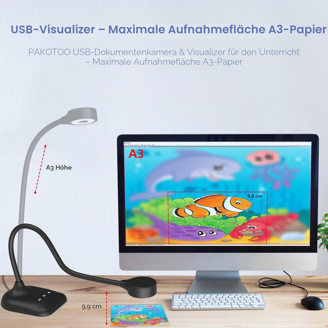 PAKOTOO USB Dokumentenkamera & Visualizer Schule im A3-Format, 3-stufige LED-Leuchten, Bildumkehrung