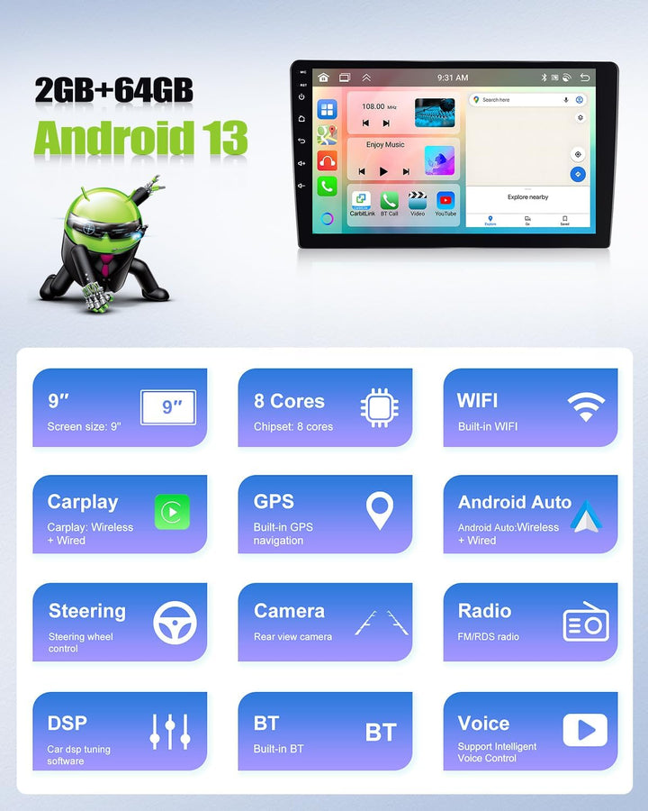 8Core CAMECHO Android 13 Autoradio Doppel Din mit Navi für VW Polo 6R 6C 2008-2016,2G+64G丨9 Zoll Bil