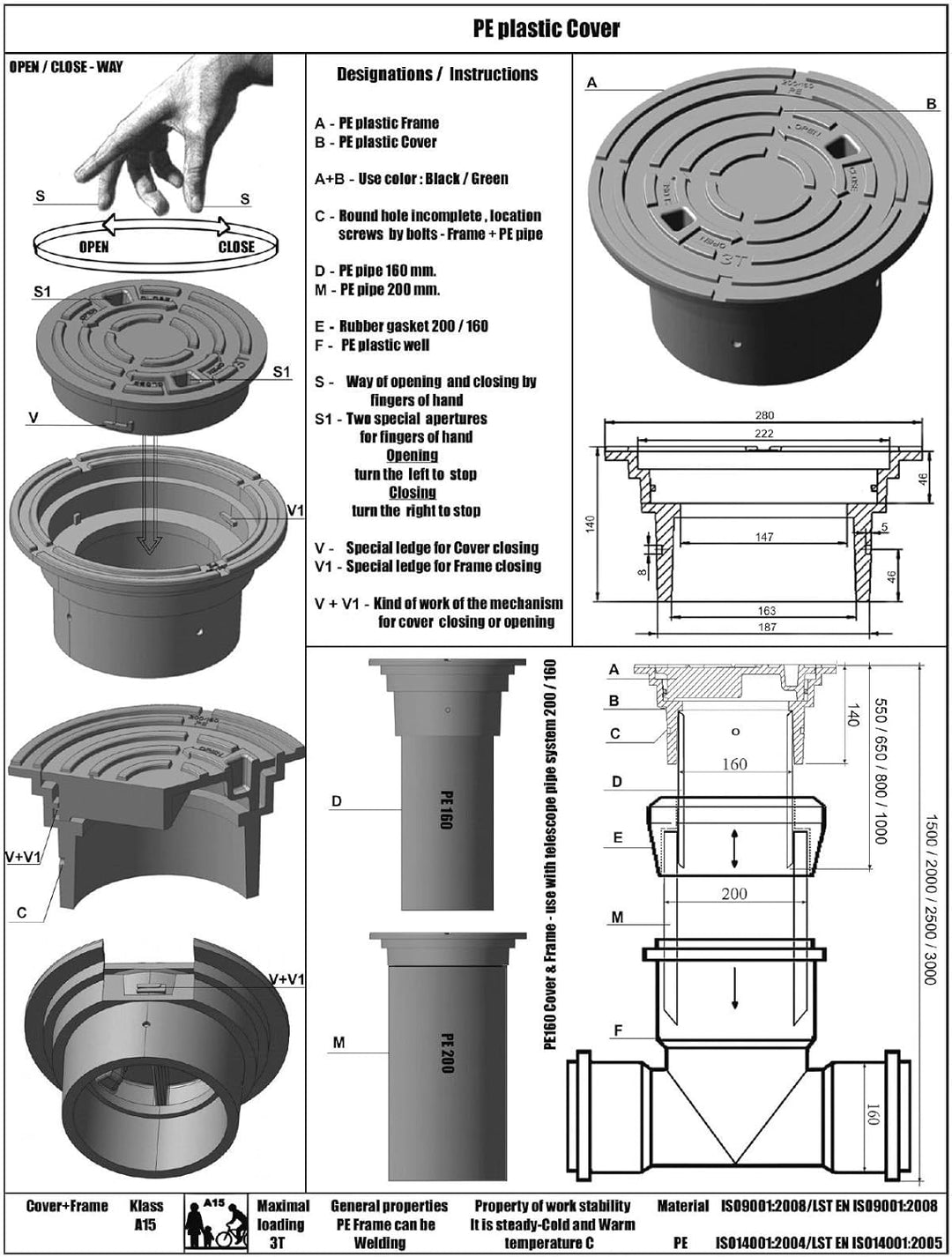 Varile DN160-DN200 Kontrollschachtdeckel Adapter Schwarz Rohrkappe, Deckel für Steigrohr, Schwarz