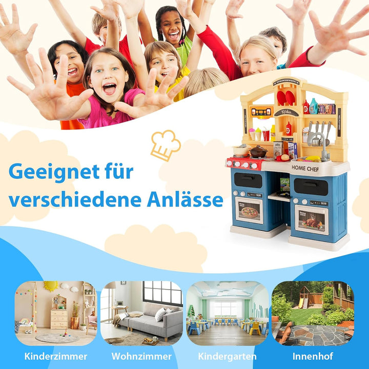 COSTWAY 69 TLG. Kinderküche mit Lichter & Dampf & Musik & Sound, Spielküche inkl. Zubehör, Kinderspi