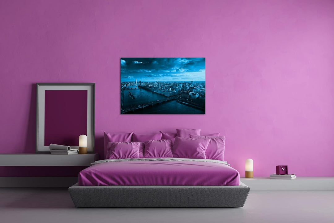 deyoli endlose Themse Fluss in London Format 80x60 Effekt: Monocrome Blau als Leinwandbild, Motiv fe