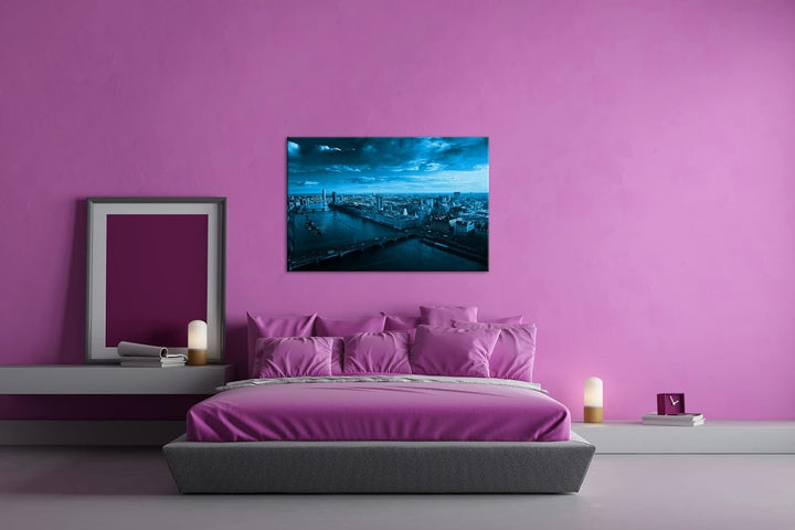 deyoli endlose Themse Fluss in London Format 80x60 Effekt: Monocrome Blau als Leinwandbild, Motiv fe