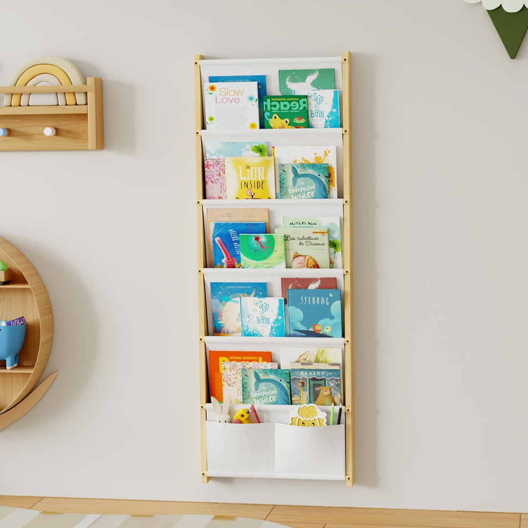 Bücherregal Kinder Wand Holz, mit 6 Lagige Taschen Wandregal Bücher Kinder, Montessori Bücherregal f
