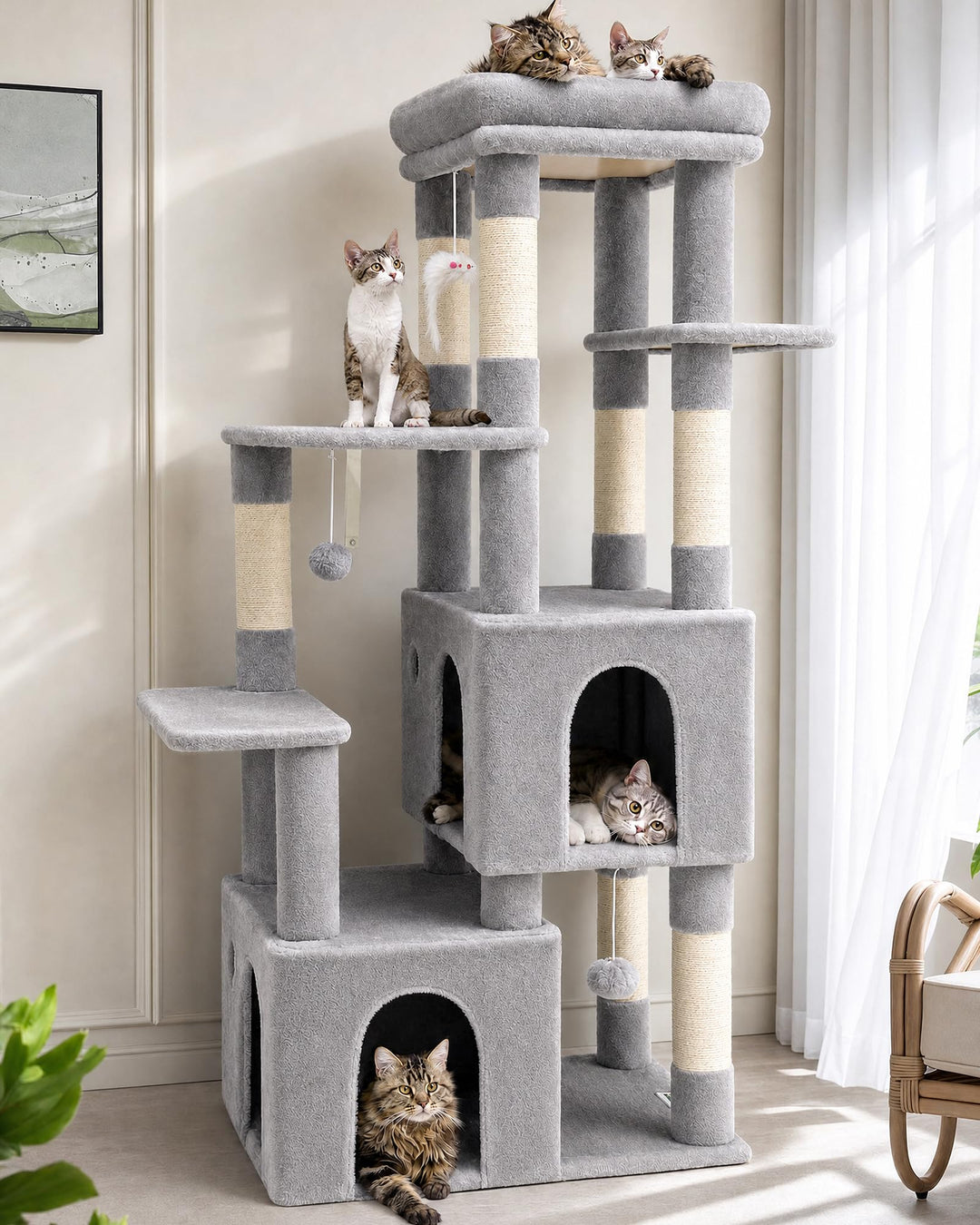 Globlazer Kratzbaum für 3-5 Grosse Katzen 156 cm mit 2 Extragross Katzenhaus 45 * 40 * 35CM, Grosse