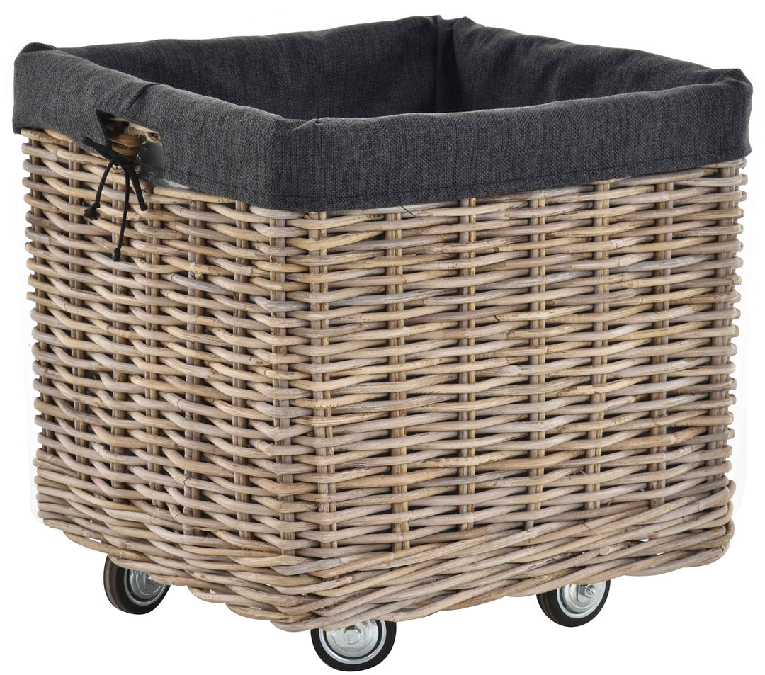 Grosser Rollkorb mit Griffen / Holzkorb mit Rollen aus grauem Natur Rattan / Aufbewahrung Holz-Wagen