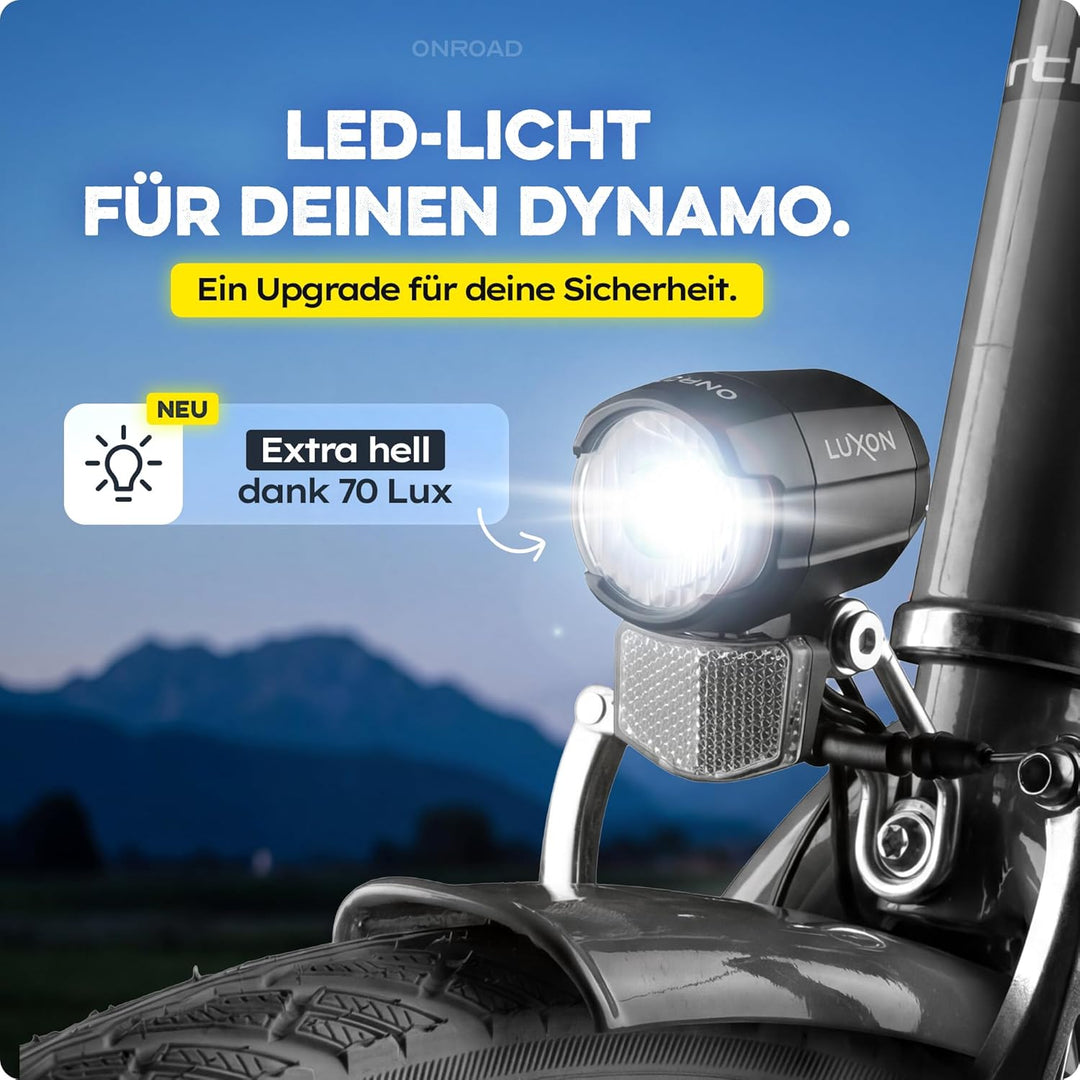 LED Fahrradlicht Dynamo 70 Lux - Fahrradlicht Set LUXON mit Automatischer Lichtanpassung & Standlich
