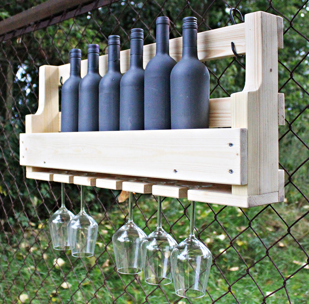 Weinregal aus Holz für die Wand - mit Gläserhalter - Natur - fertig montiert - Regal für Weinflasche