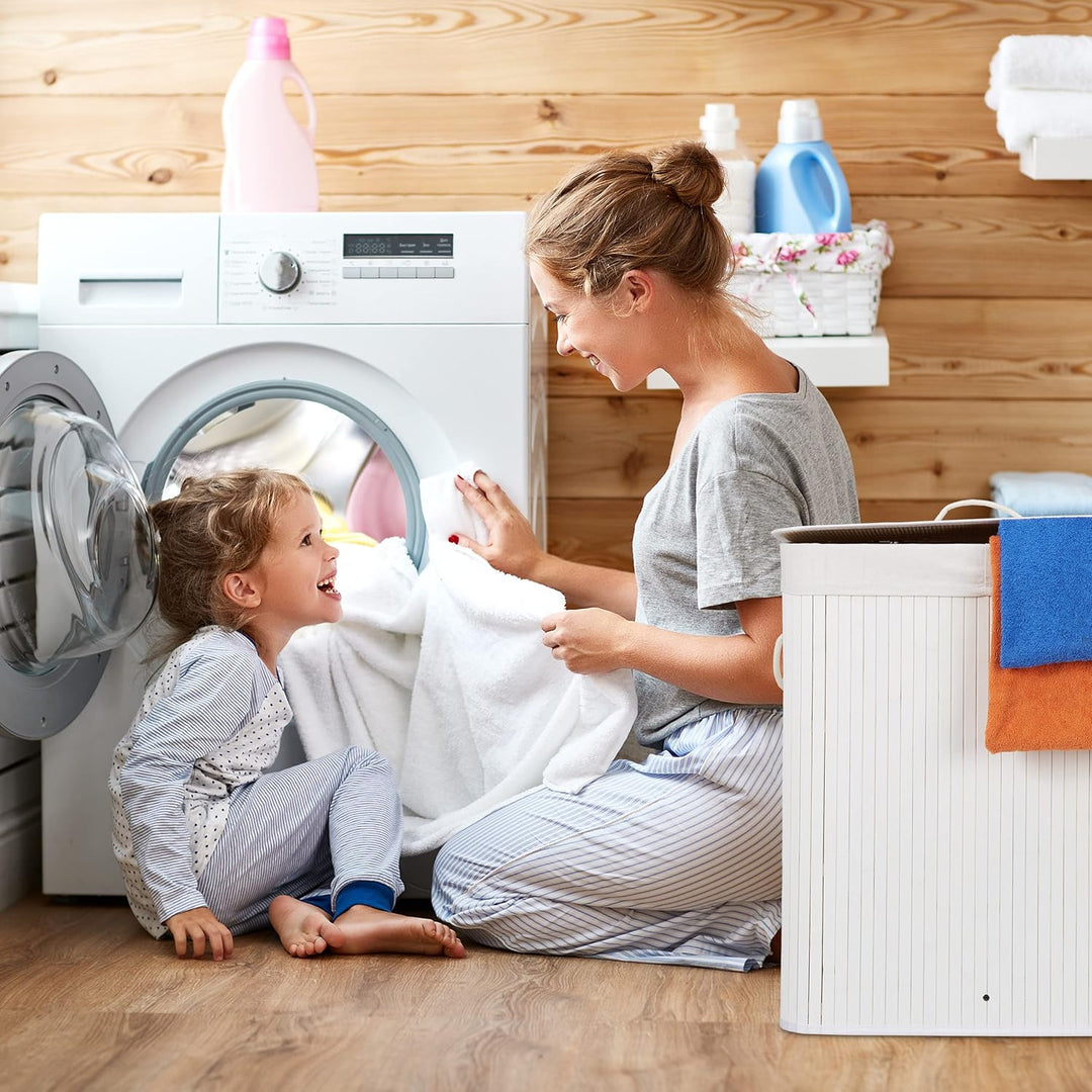 Relaxdays Wäschekorb Bambus mit Deckel, rechteckiger Wäschesammler, 2 Fächer, 95 l Volumen, faltbare