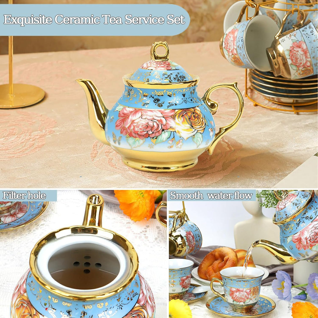 Blau Blume Porzellan Teeservice, Rose Ceramic Tea Set, Vintage Tea Set with Teapot, Metallständer, 1