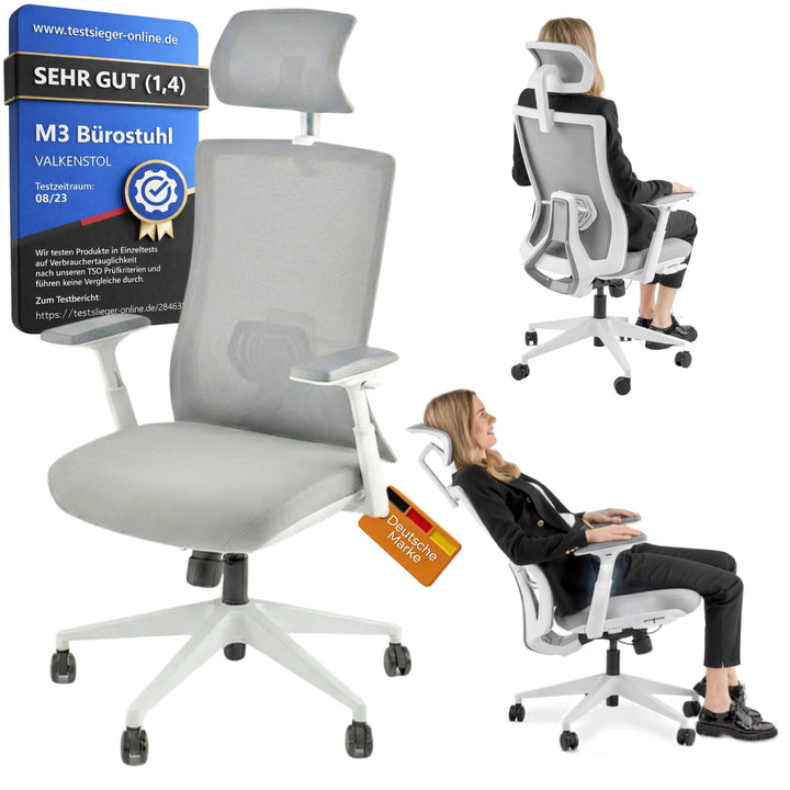 VALKENSTOL M3 Pro Ergonomischer Bürostuhl 150 kg Grau – [Höhenverstellbare Lordosenstütze] Schreibti