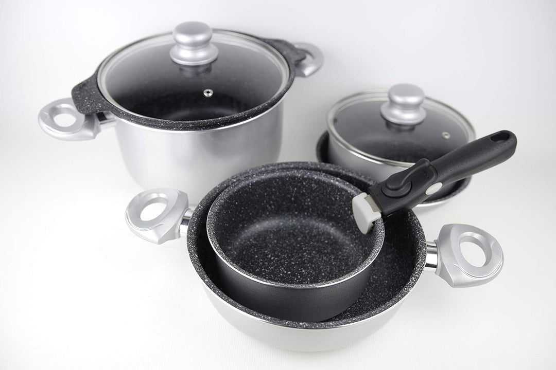 Gimex 9 TLG. Camping Kochtopfset 22cm Alu Aluminium mit Induktion Silber Metallic