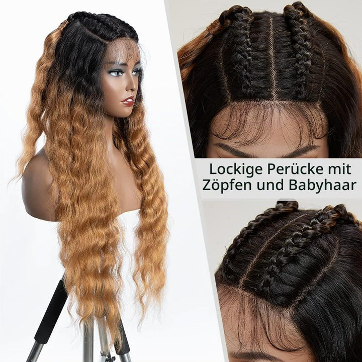 FASHION IDOL Lace Front Curly Wigs 31" Long Synthetic Natural Water Wavy Wig for Black Women Ombre B