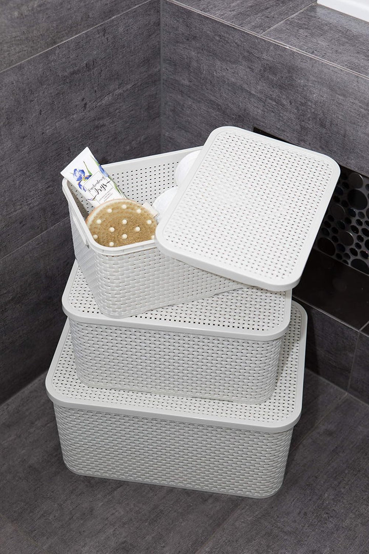 BranQ - Home essential Deckel Korb in Rattan Design 2er Set Grösse M 10l, Kunststoff PP, Creme, 10 l