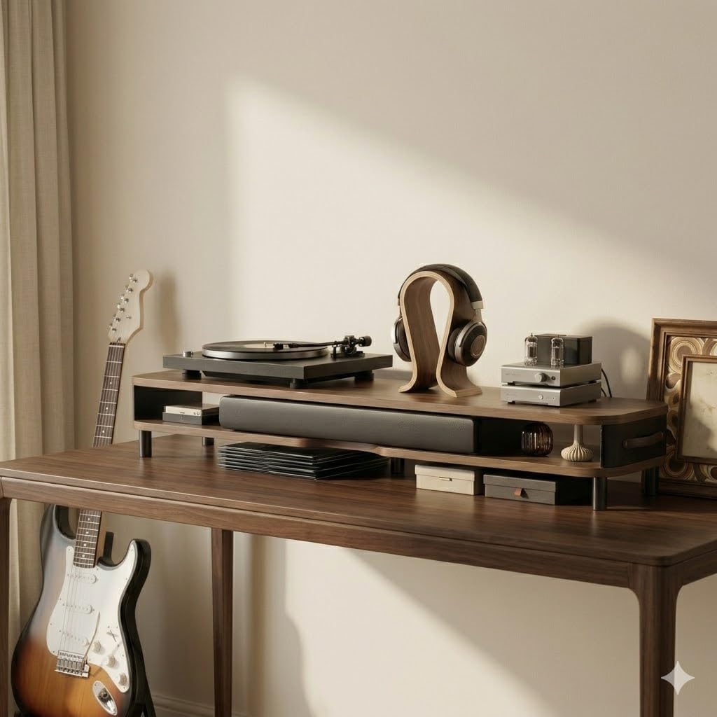 Fenge Dual Monitorständer mit Schublade, 108cm Bildschirmerhöhung mit Aluminiumbeinen & Ledergriff,