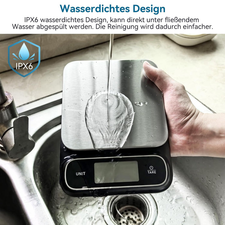 BOMATA Wasserdichte IPX6 Küchenwaage, 0,1g hohe Präzision, 5kg, digitale Waage mit Hintergrundbeleuc